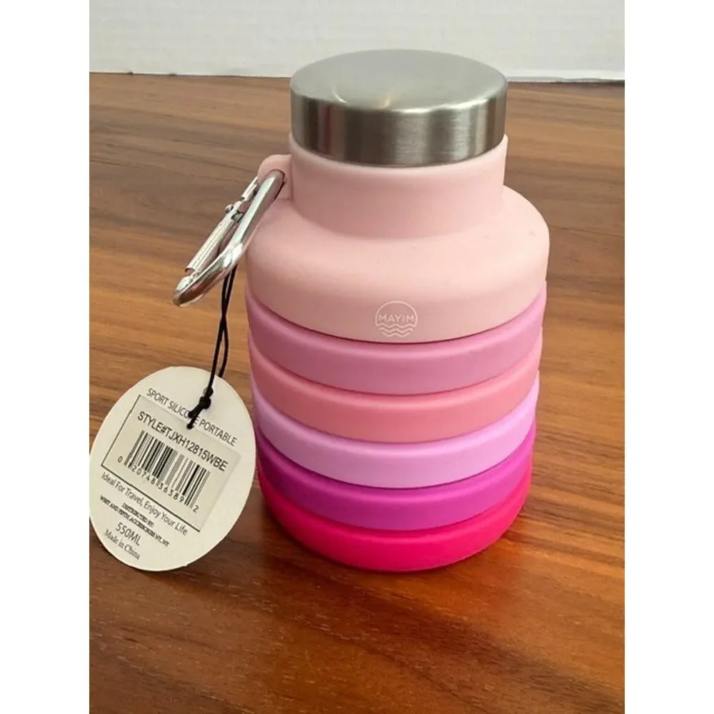 Mayim Collapsible Caribiner 17oz Silicone Water Bottle Rainbow Pink Collectible